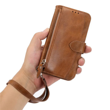 For iPhone 16e Case Zipper Pocket Leather Phone Cover with Crossbody Shoulder Strap