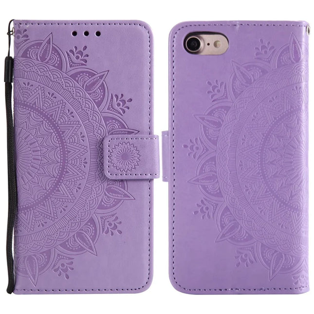 For iPhone 16e Stand Case Imprinted Totem PU Leather Wallet Phone Cover - Purple