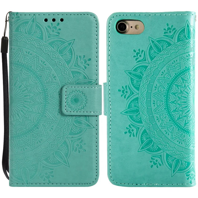 For iPhone 16e Stand Case Imprinted Totem PU Leather Wallet Phone Cover - Mint Green