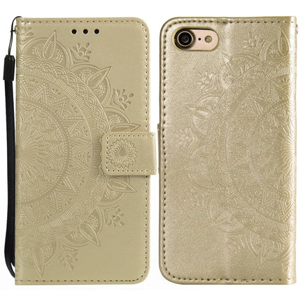 For iPhone 16e Stand Case Imprinted Totem PU Leather Wallet Phone Cover - Gold