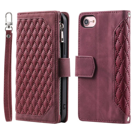 For iPhone 16e Case Rhombus Imprinted Zipper Wallet Leather Cover with Strap - Wine Red