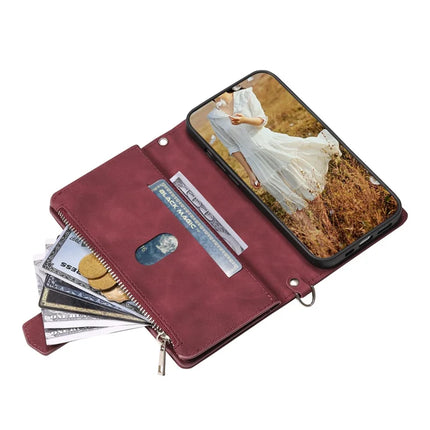 For iPhone 16e Case Rhombus Imprinted Zipper Wallet Leather Cover with Strap