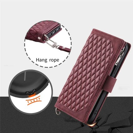 For iPhone 16e Case Rhombus Imprinted Zipper Wallet Leather Cover with Strap