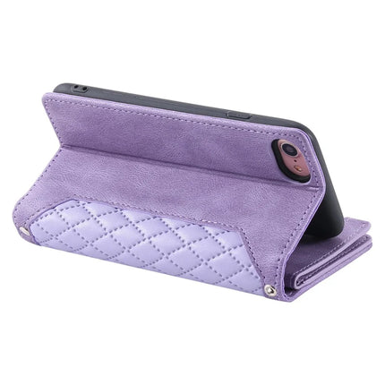 For iPhone 16e Case Rhombus Imprinted Zipper Wallet Leather Cover with Strap