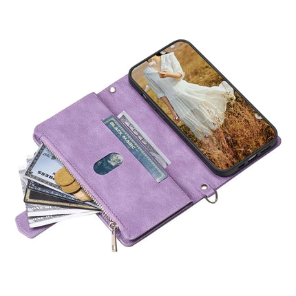 For iPhone 16e Case Rhombus Imprinted Zipper Wallet Leather Cover with Strap