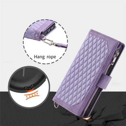 For iPhone 16e Case Rhombus Imprinted Zipper Wallet Leather Cover with Strap