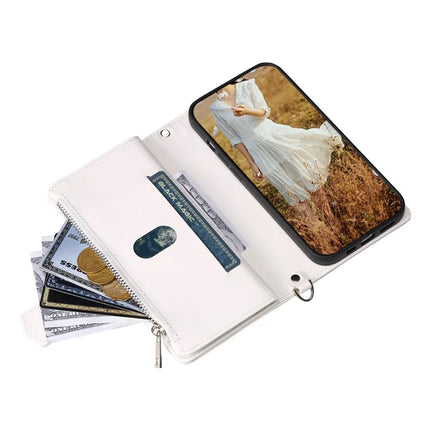 For iPhone 16e Case Rhombus Imprinted Zipper Wallet Leather Cover with Strap