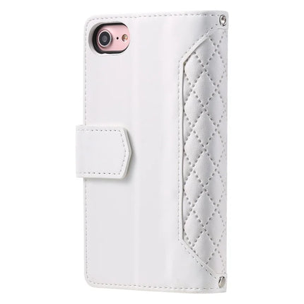 For iPhone 16e Case Rhombus Imprinted Zipper Wallet Leather Cover with Strap