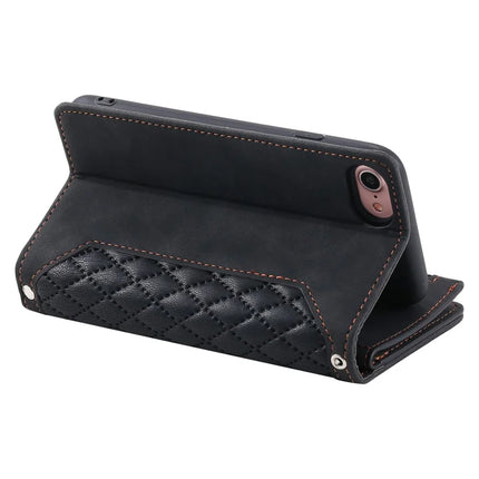 For iPhone 16e Case Rhombus Imprinted Zipper Wallet Leather Cover with Strap