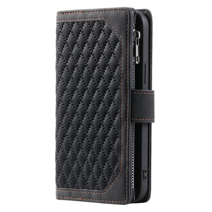 For iPhone 16e Case Rhombus Imprinted Zipper Wallet Leather Cover with Strap