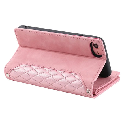 For iPhone 16e Case Rhombus Imprinted Zipper Wallet Leather Cover with Strap