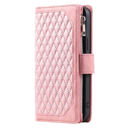 For iPhone 16e Case Rhombus Imprinted Zipper Wallet Leather Cover with Strap