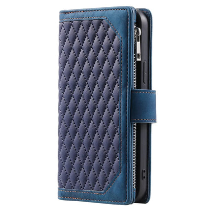 For iPhone 16e Case Rhombus Imprinted Zipper Wallet Leather Cover with Strap