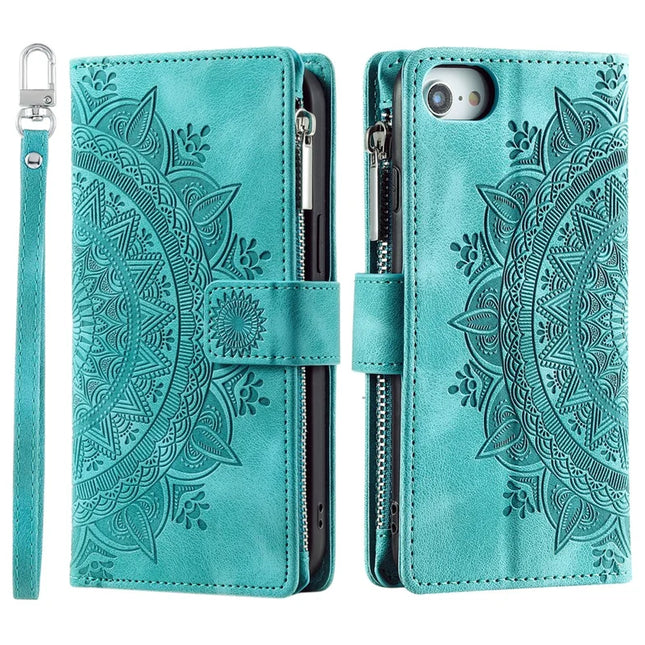 Style 006 For iPhone 16e Wallet Case PU Leather Phone Cover Mandala Flower Pattern - Mint Green