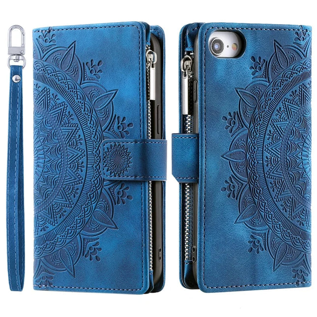 Style 006 For iPhone 16e Wallet Case PU Leather Phone Cover Mandala Flower Pattern - Blue