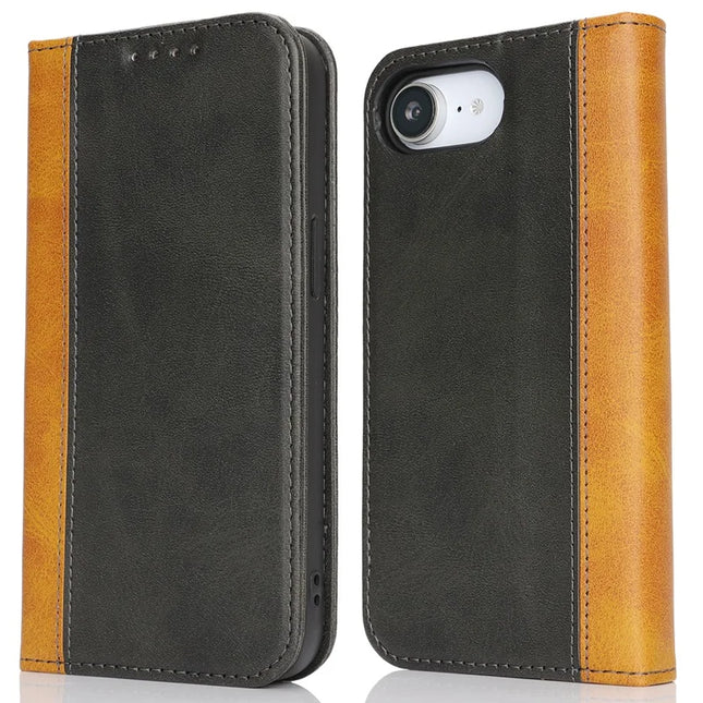 For iPhone 16e Case Calf Texture 3 Card Slots Color Splicing Leather Phone Cover - Black + Yellow