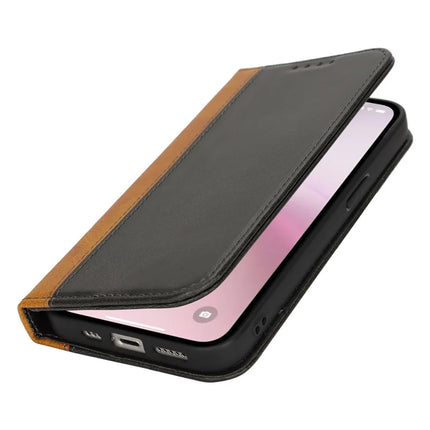 For iPhone 16e Case Calf Texture 3 Card Slots Color Splicing Leather Phone Cover
