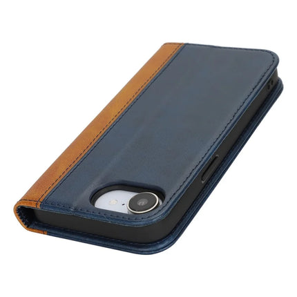 For iPhone 16e Case Calf Texture 3 Card Slots Color Splicing Leather Phone Cover