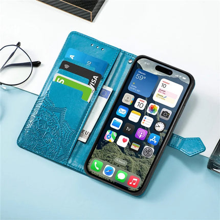 For iPhone 16e Wallet Case Mandala Flower Leather Phone Cover Stand