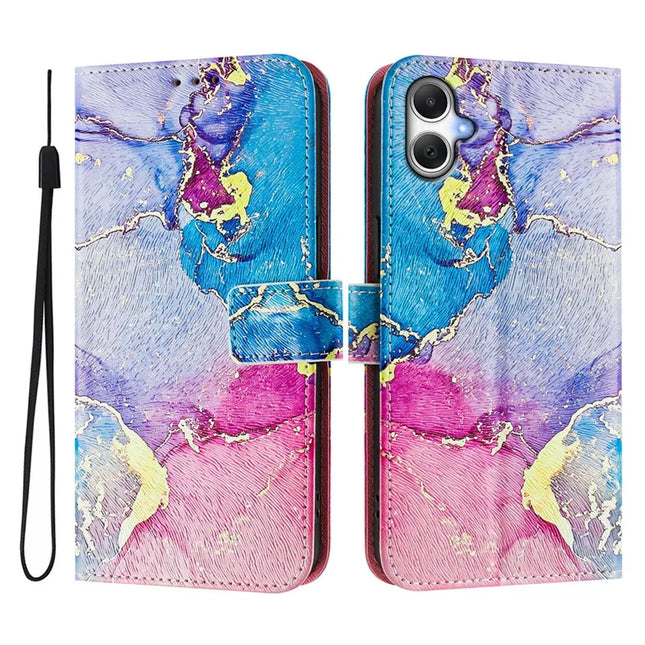 ENKAY Hat-Prince For Samsung Galaxy A06 Leather Case Pattern Printing Card Slot Stand Phone Cover with Lanyard - Pink Marble