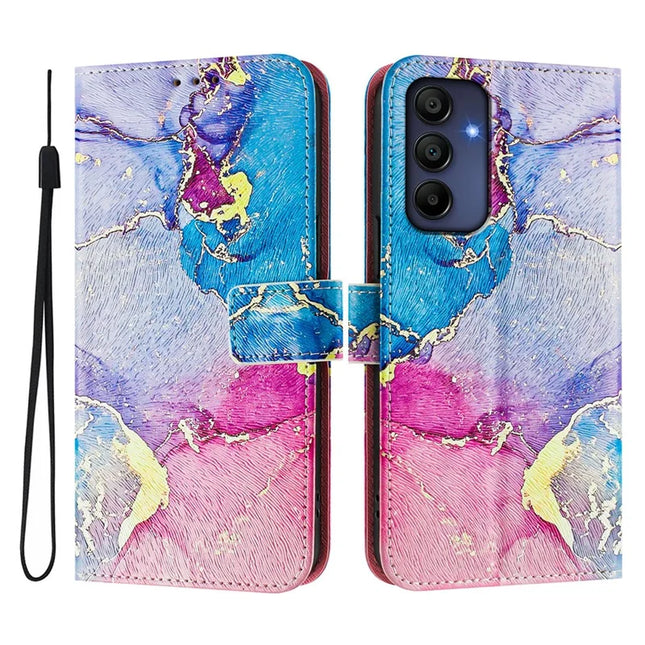 ENKAY Hat-Prince For Samsung Galaxy A16 5G  /  4G Leather Case Pattern Printing Card Slot Stand Phone Cover with Lanyard - Pink Marble