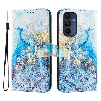 ENKAY Hat-Prince For Samsung Galaxy A16 5G  /  4G Leather Case Pattern Printing Card Slot Stand Phone Cover with Lanyard - Ocean Marble