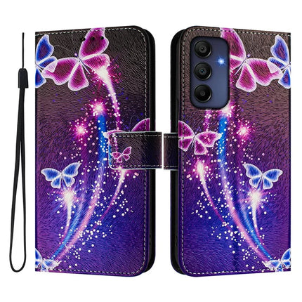 ENKAY Hat-Prince For Samsung Galaxy A16 5G  /  4G Leather Case Pattern Printing Card Slot Stand Phone Cover with Lanyard - Fireworks Butterfly
