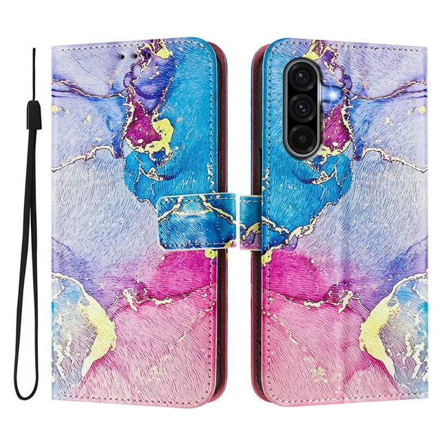 ENKAY Hat-Prince For Samsung Galaxy A56 5G Leather Case Pattern Printing Card Slot Stand Phone Cover with Lanyard - Pink Marble