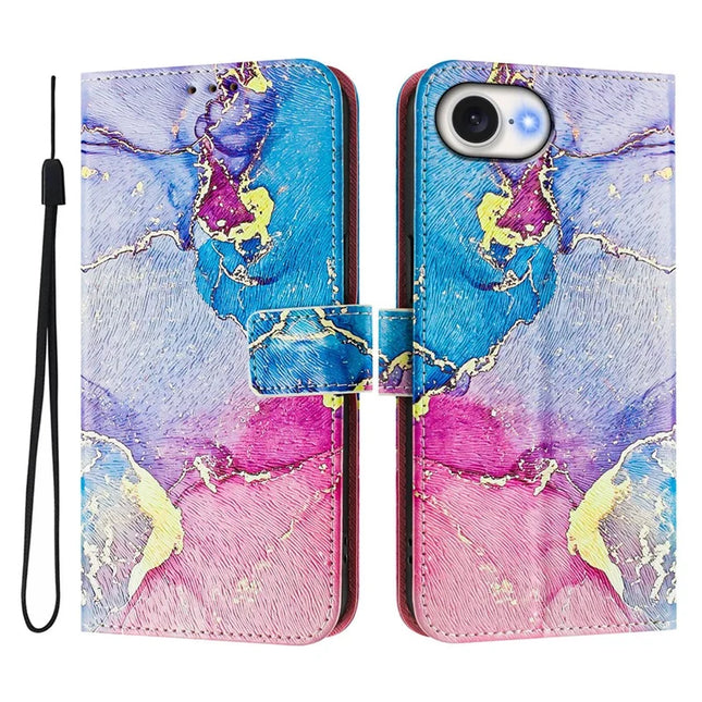 ENKAY Hat-Prince For iPhone 16e Leather Case Pattern Printing Card Slot Stand Phone Cover with Lanyard - Pink Marble