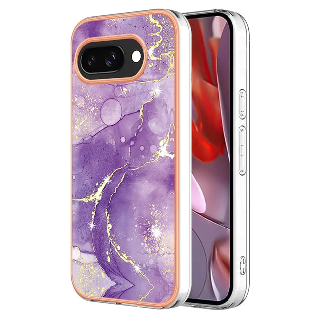 For Google Pixel 9a TPU Case with IMD Marble Pattern Electroplated Back Cover - Purple 002
