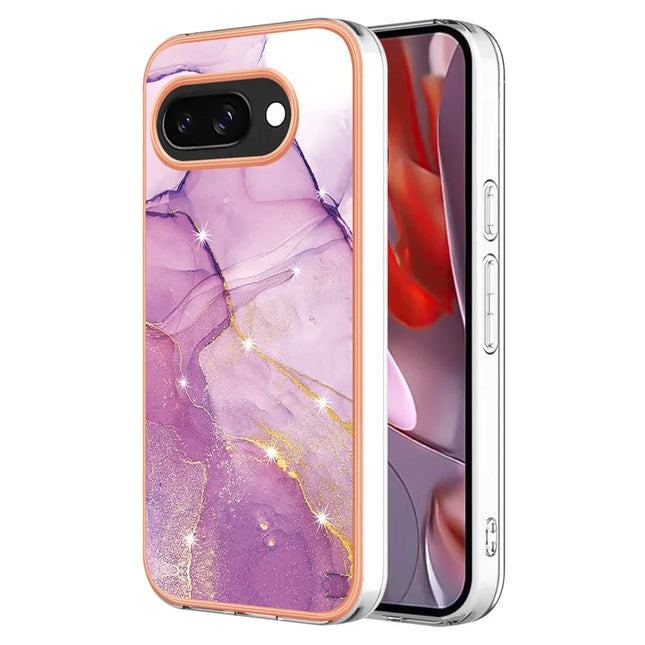 For Google Pixel 9a TPU Case with IMD Marble Pattern Electroplated Back Cover - Purple 001