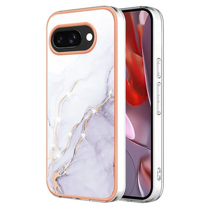 For Google Pixel 9a TPU Case with IMD Marble Pattern Electroplated Back Cover - White 006