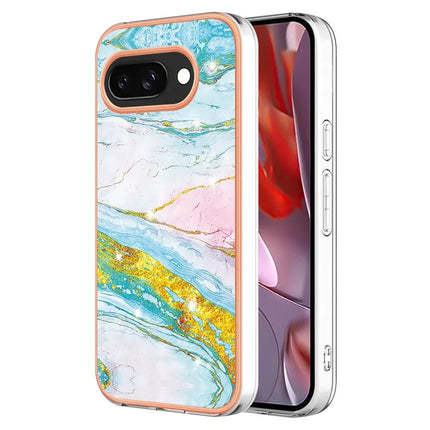 For Google Pixel 9a TPU Case with IMD Marble Pattern Electroplated Back Cover - Green 004