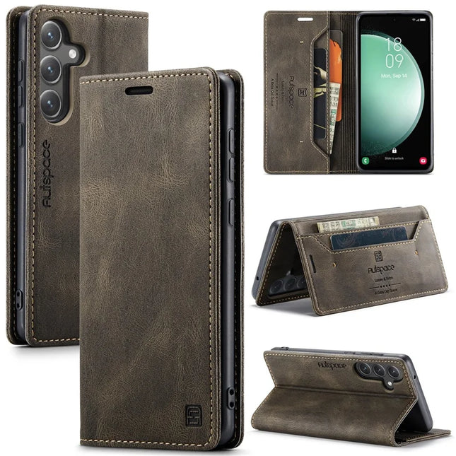 For Samsung Galaxy S23 FE Wallet Case AUTSPACE A01 Leather Stand Cover with RFID Blocking Card Holder - Coffee
