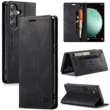 For Samsung Galaxy S23 FE Wallet Case AUTSPACE A01 Leather Stand Cover with RFID Blocking Card Holder - Black