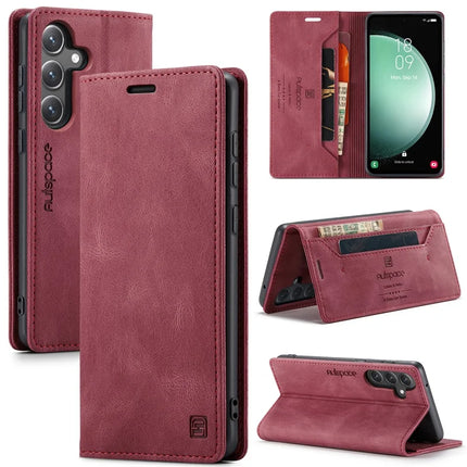 For Samsung Galaxy S23 FE Wallet Case AUTSPACE A01 Leather Stand Cover with RFID Blocking Card Holder - Red