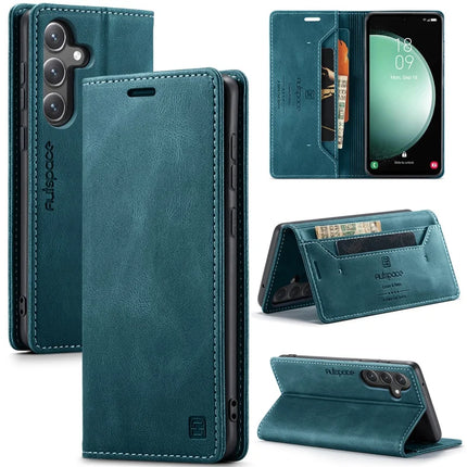 For Samsung Galaxy S23 FE Wallet Case AUTSPACE A01 Leather Stand Cover with RFID Blocking Card Holder - Blue