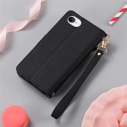 For iPhone 16e Case RFID Blocking Zipper Pocket Leather Wallet Phone Cover