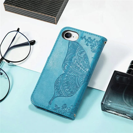 For iPhone 16e Case with Strap Butterfly Pattern PU Leather Wallet Phone Cover