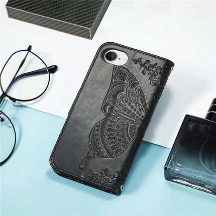 For iPhone 16e Case with Strap Butterfly Pattern PU Leather Wallet Phone Cover