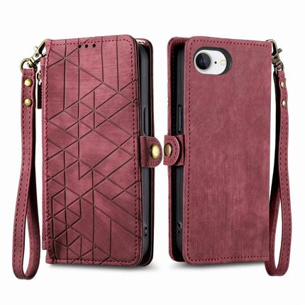 For iPhone 16e Zipper Wallet Case Geometry Lines Leather Phone Cover with Strap