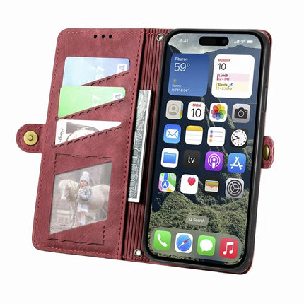 For iPhone 16e Zipper Wallet Case Geometry Lines Leather Phone Cover with Strap
