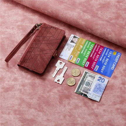 For iPhone 16e Zipper Wallet Case Geometry Lines Leather Phone Cover with Strap