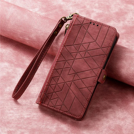 For iPhone 16e Zipper Wallet Case Geometry Lines Leather Phone Cover with Strap