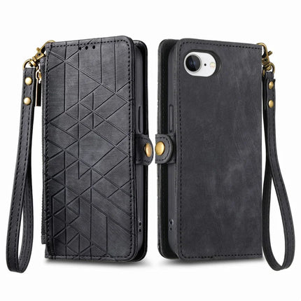 For iPhone 16e Zipper Wallet Case Geometry Lines Leather Phone Cover with Strap