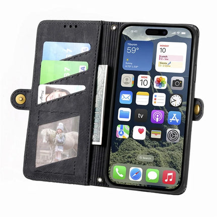 For iPhone 16e Zipper Wallet Case Geometry Lines Leather Phone Cover with Strap