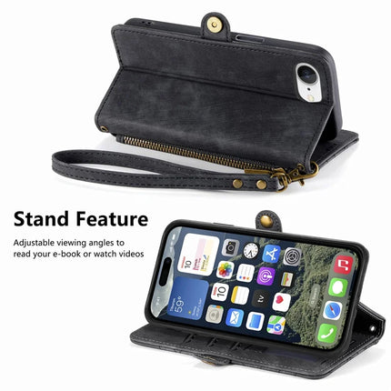 For iPhone 16e Zipper Wallet Case Geometry Lines Leather Phone Cover with Strap