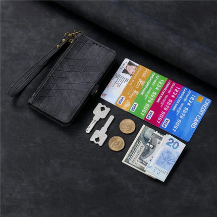 For iPhone 16e Zipper Wallet Case Geometry Lines Leather Phone Cover with Strap