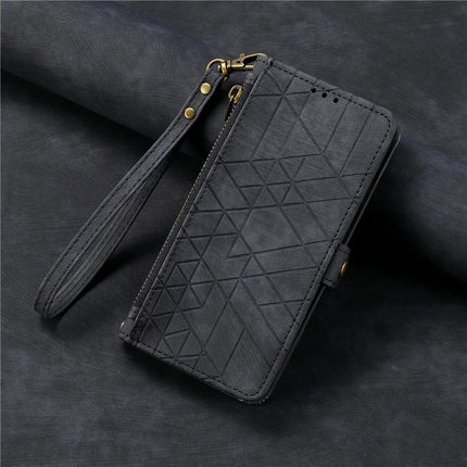 For iPhone 16e Zipper Wallet Case Geometry Lines Leather Phone Cover with Strap