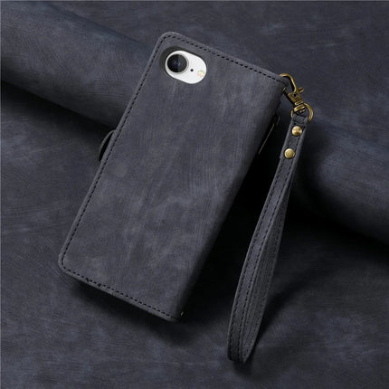For iPhone 16e Zipper Wallet Case Geometry Lines Leather Phone Cover with Strap